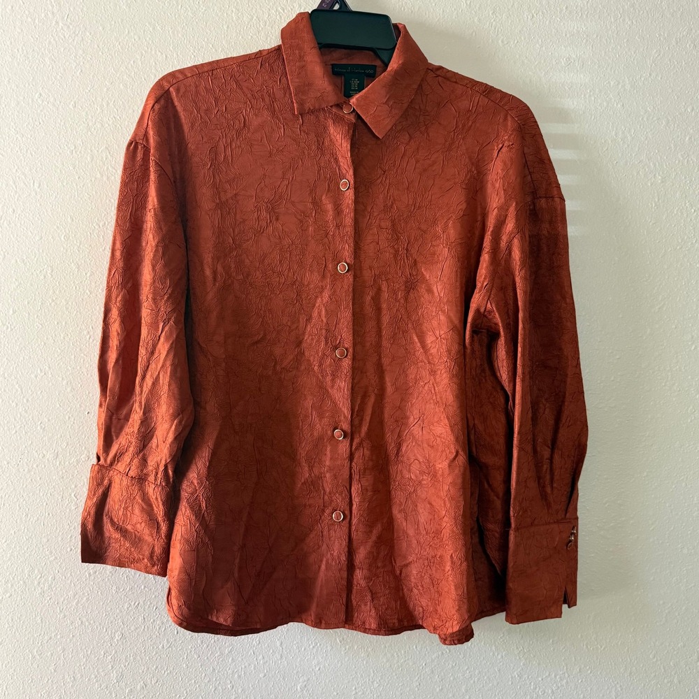 House of Harlow 1960 Burnt Orange Crinkle Texture Button Down Blouse Medium